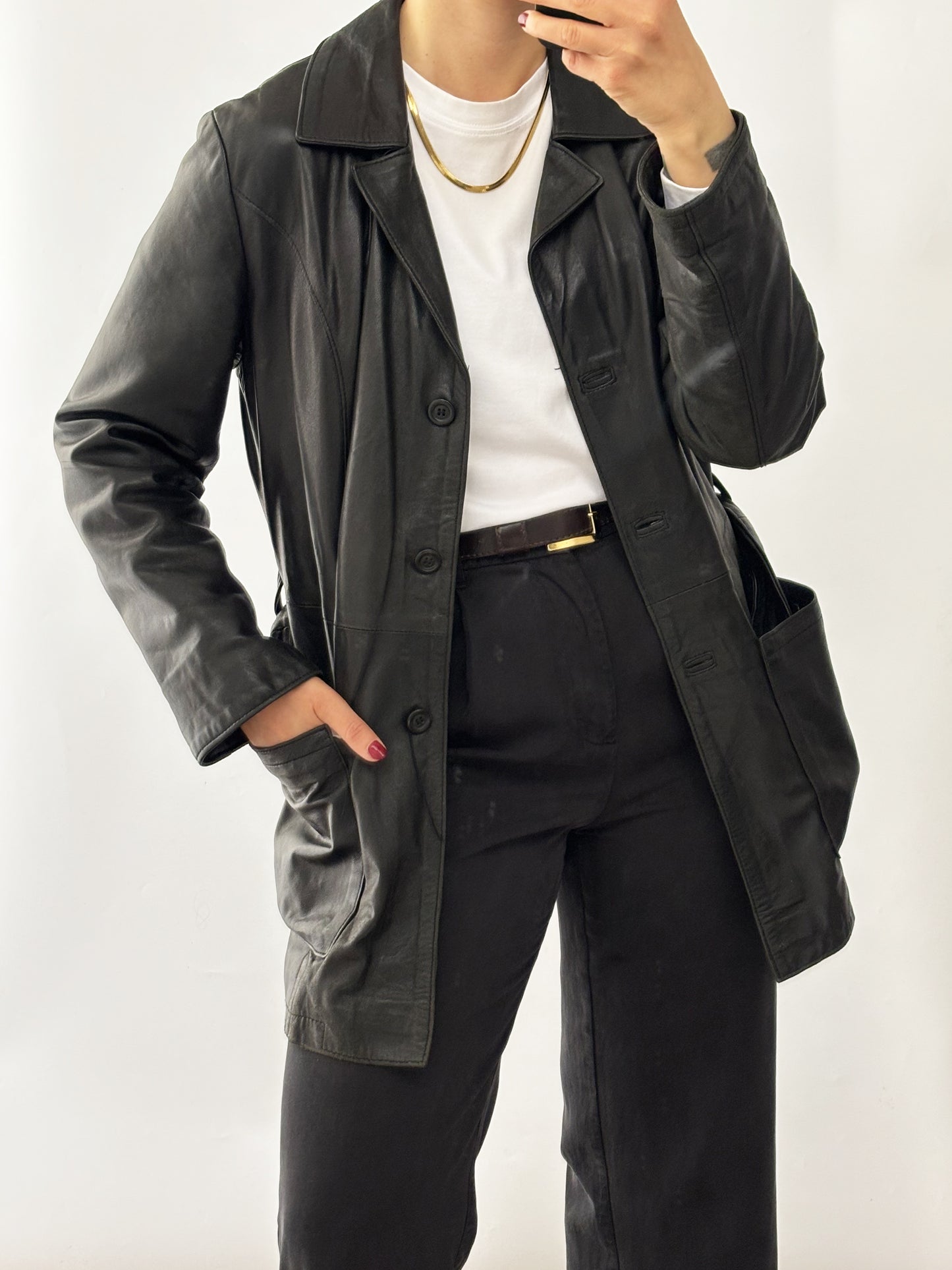 .Vintage soft leather black belt jacket