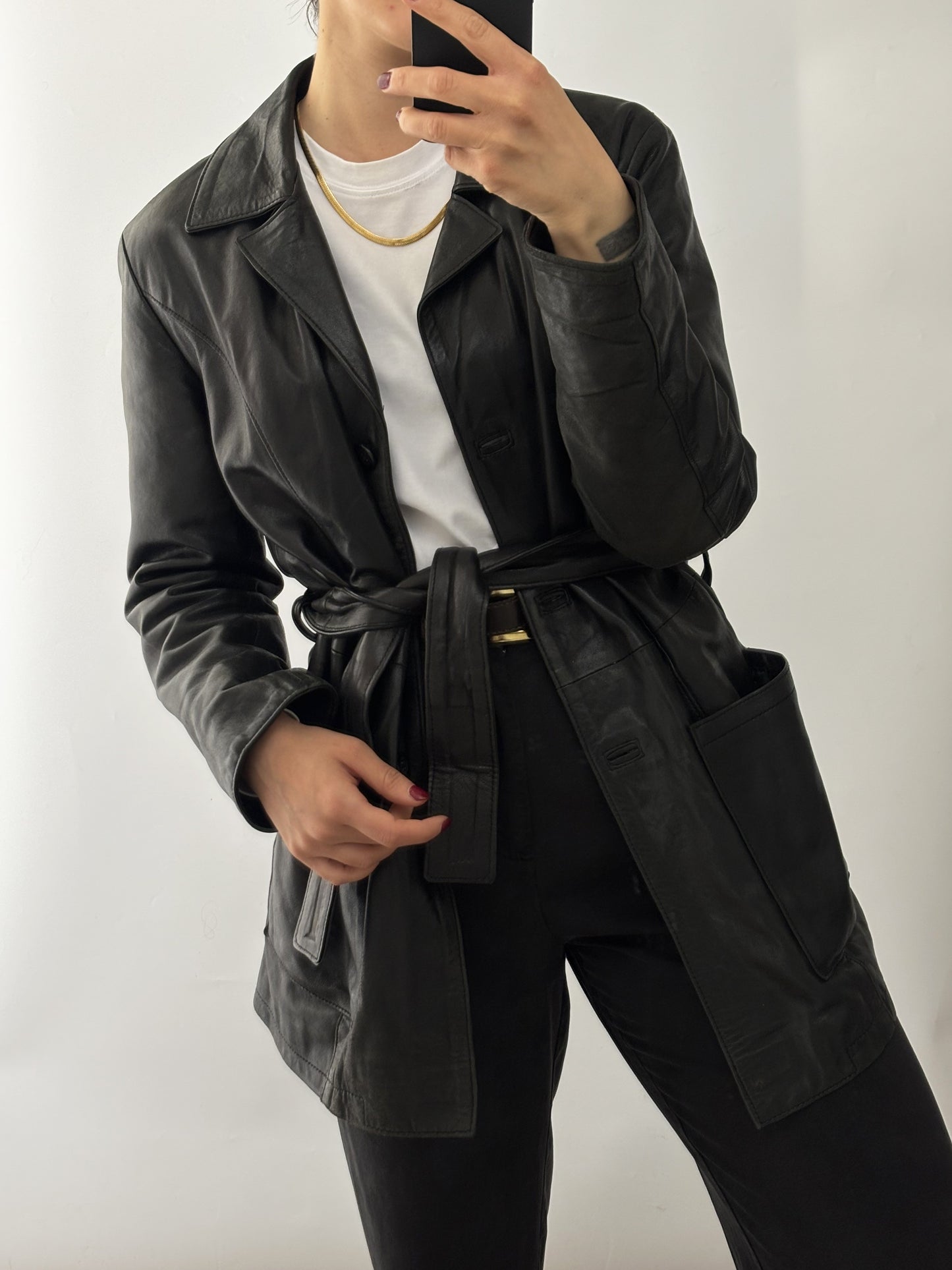 .Vintage soft leather black belt jacket