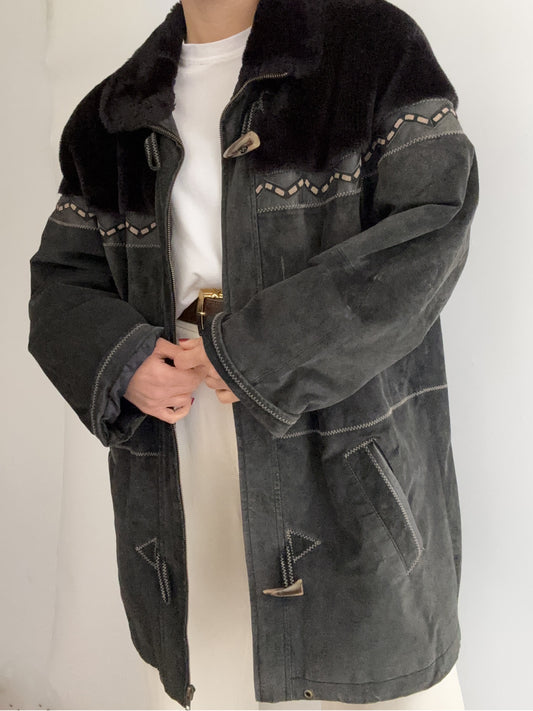 .Vintage leather wool montone black indie bomber