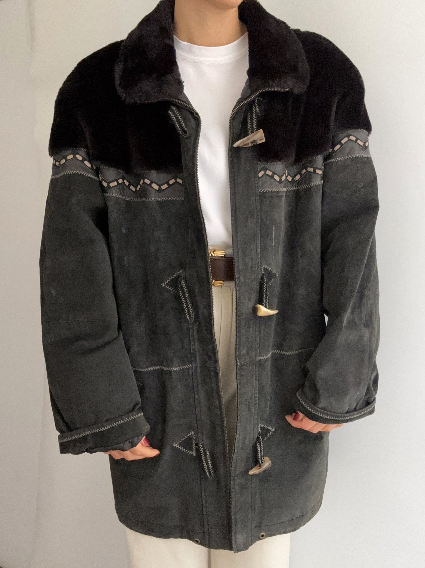 .Vintage leather wool montone black indie bomber