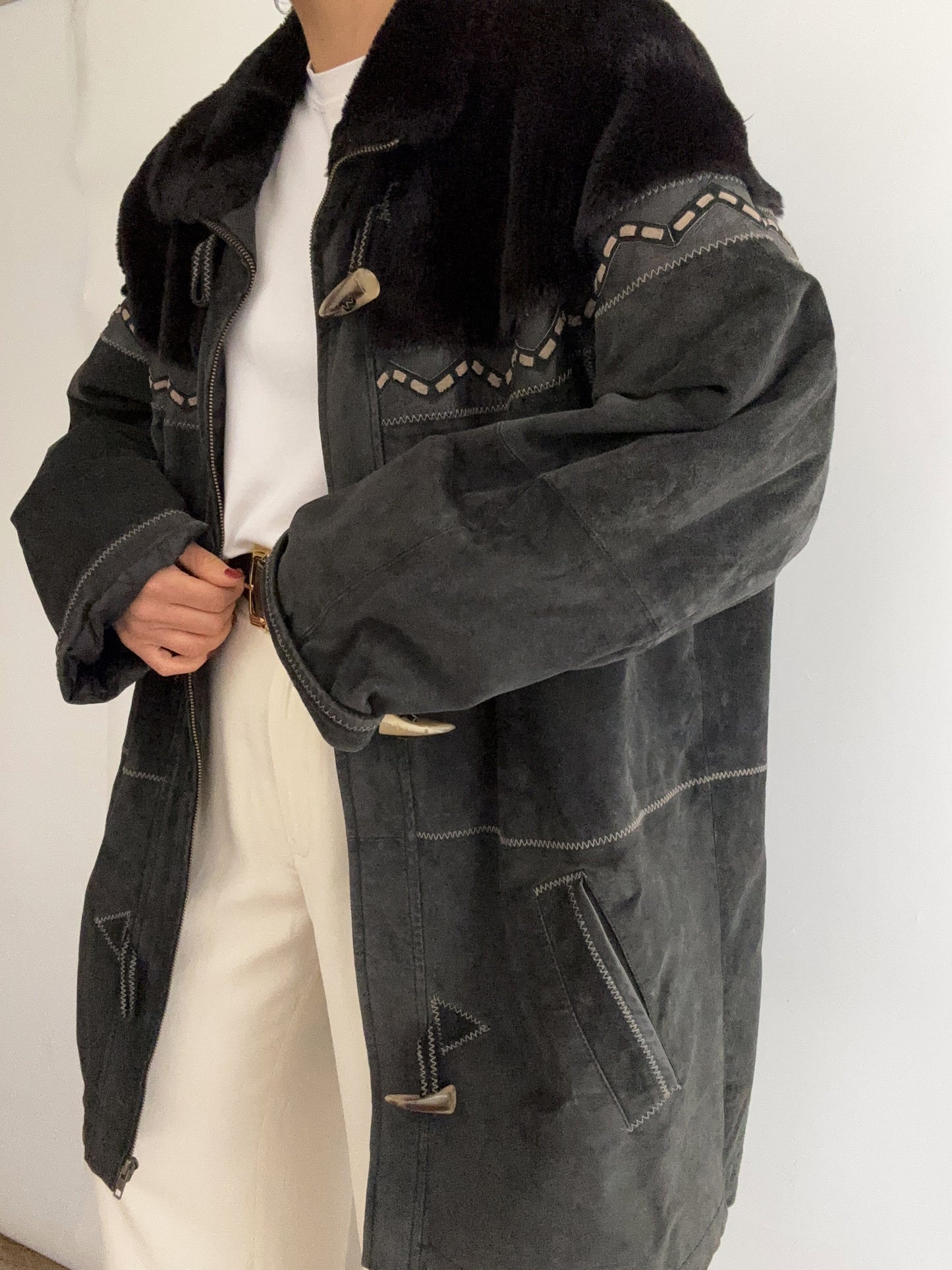 .Vintage leather wool montone black indie bomber