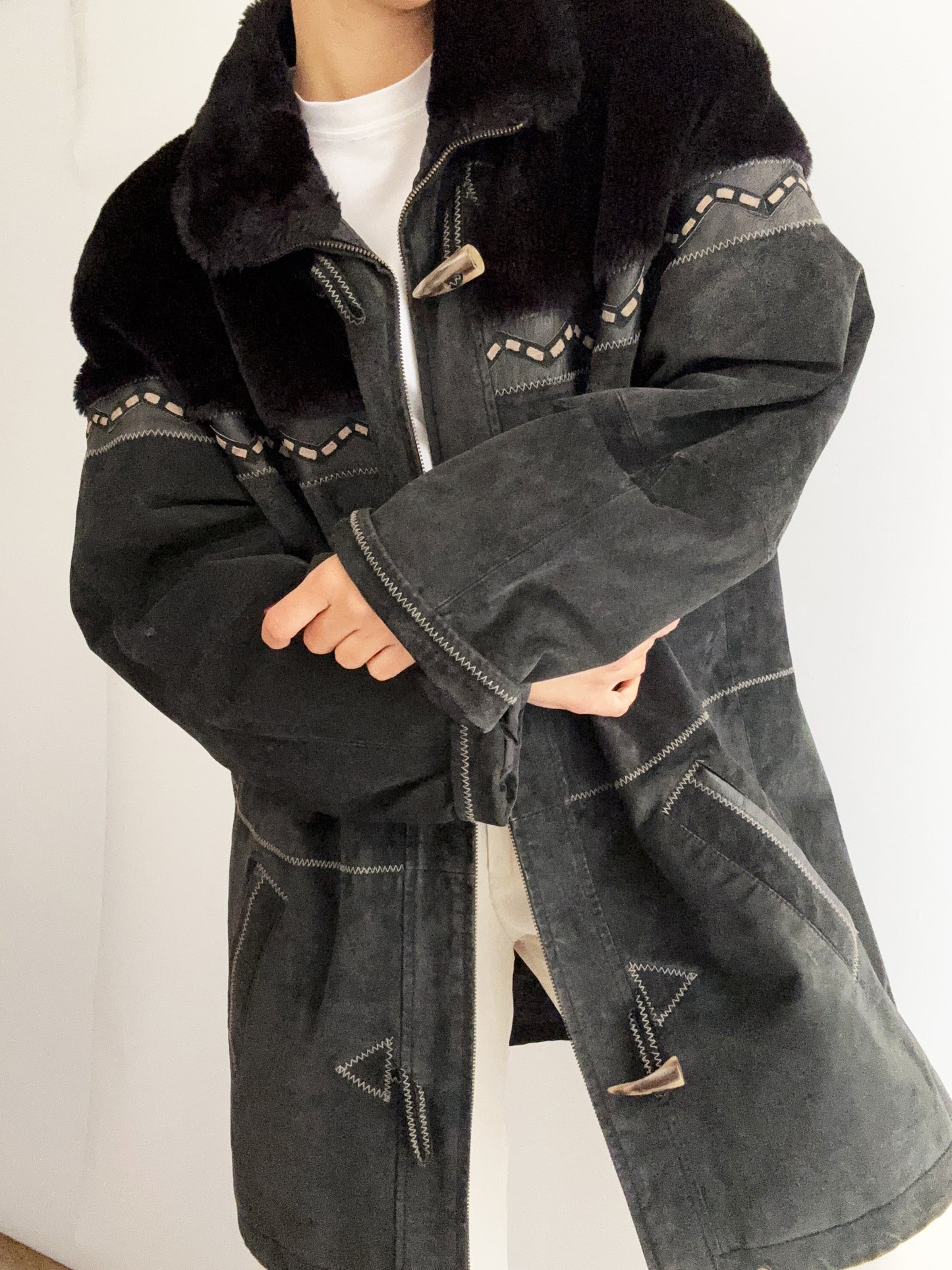.Vintage leather wool montone black indie bomber