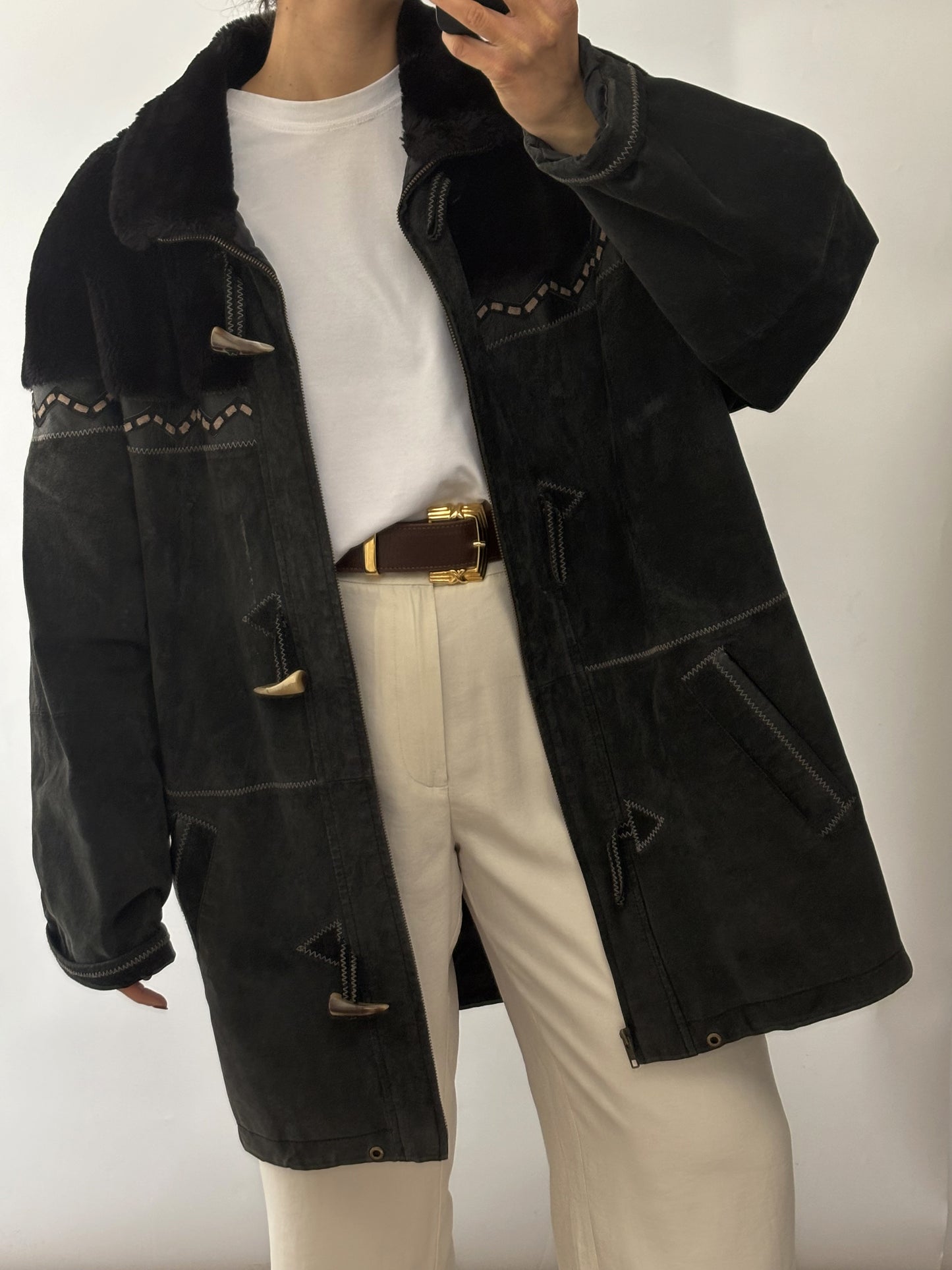 .Vintage leather wool montone black indie bomber