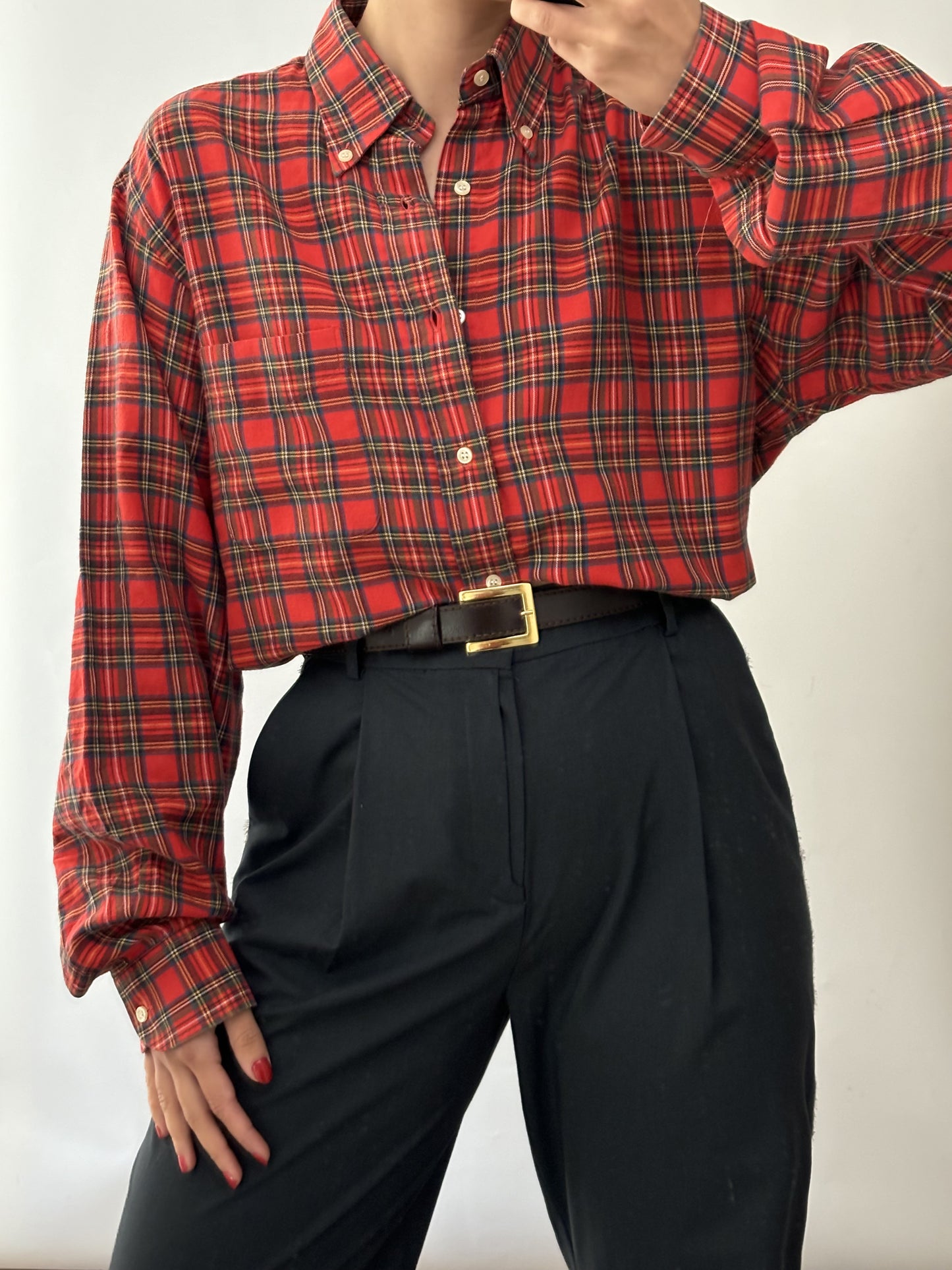 Vintage red tartan Burberry flare cottone shirt